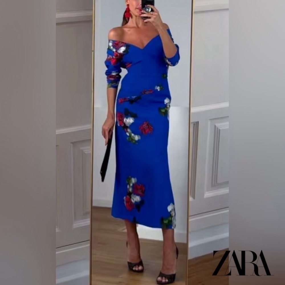 ZARA TRAF S/S 24 Hand Dyed Blue Floral Chinoserie Dress Draped Long Sleeve Sz M